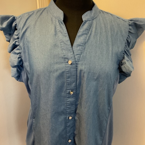 4. NY Collection Blouse Blue Ruffle Flange Sleeveless Chambray Size Large - Picture 4 of 6